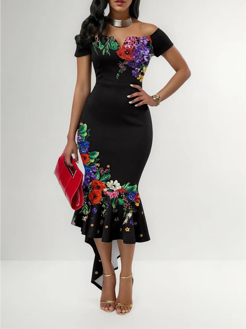 Black Off-Shoulder Floral Mermaid Dress